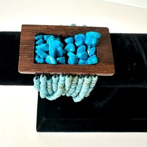 HANDMADE TURQUOISE & Wood Beaded Statement Bracelet